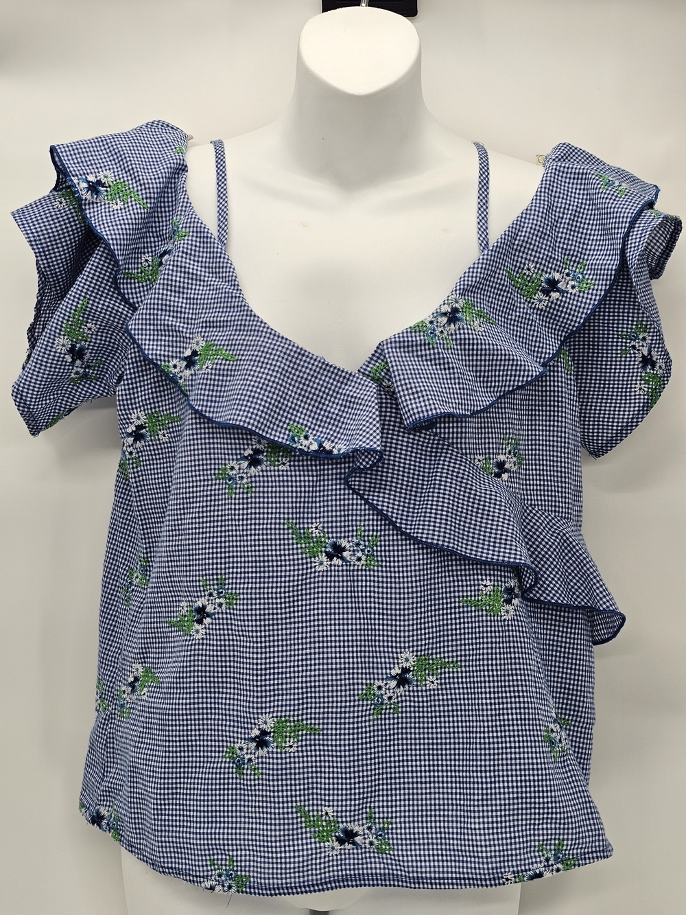 Blue Gingham Ruffle Top M